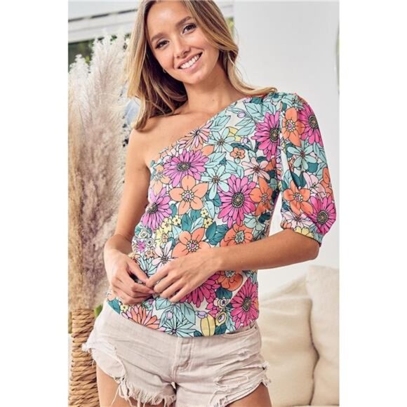 ✨NWT BiBi Floral Puff Sleeve One Shoulder Top - Picture 4 of 5
